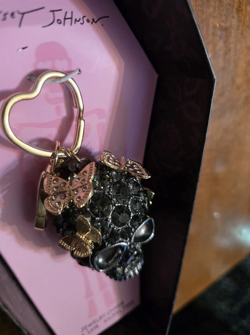 Betsey Johnson Black Crystal Skull Keyring with Gold Butterfly Accents